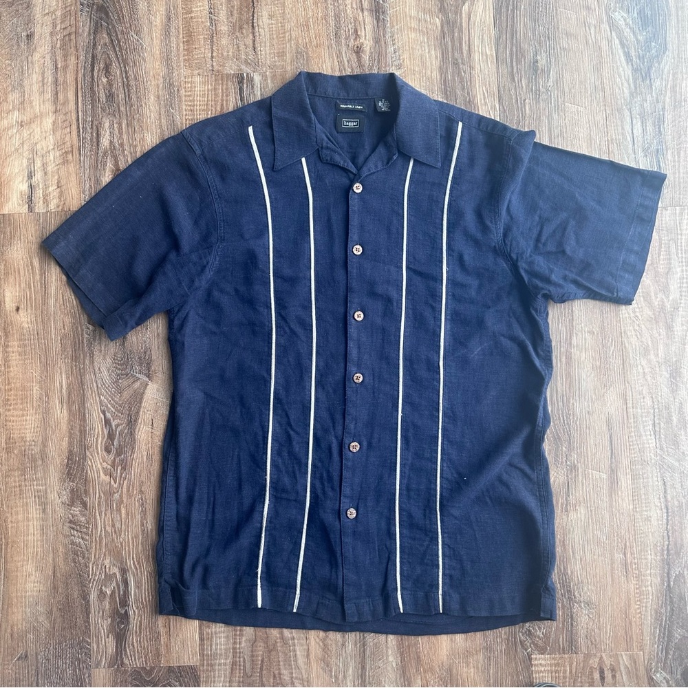Men's Button Down Linen Dark Blue Shirt with White Details